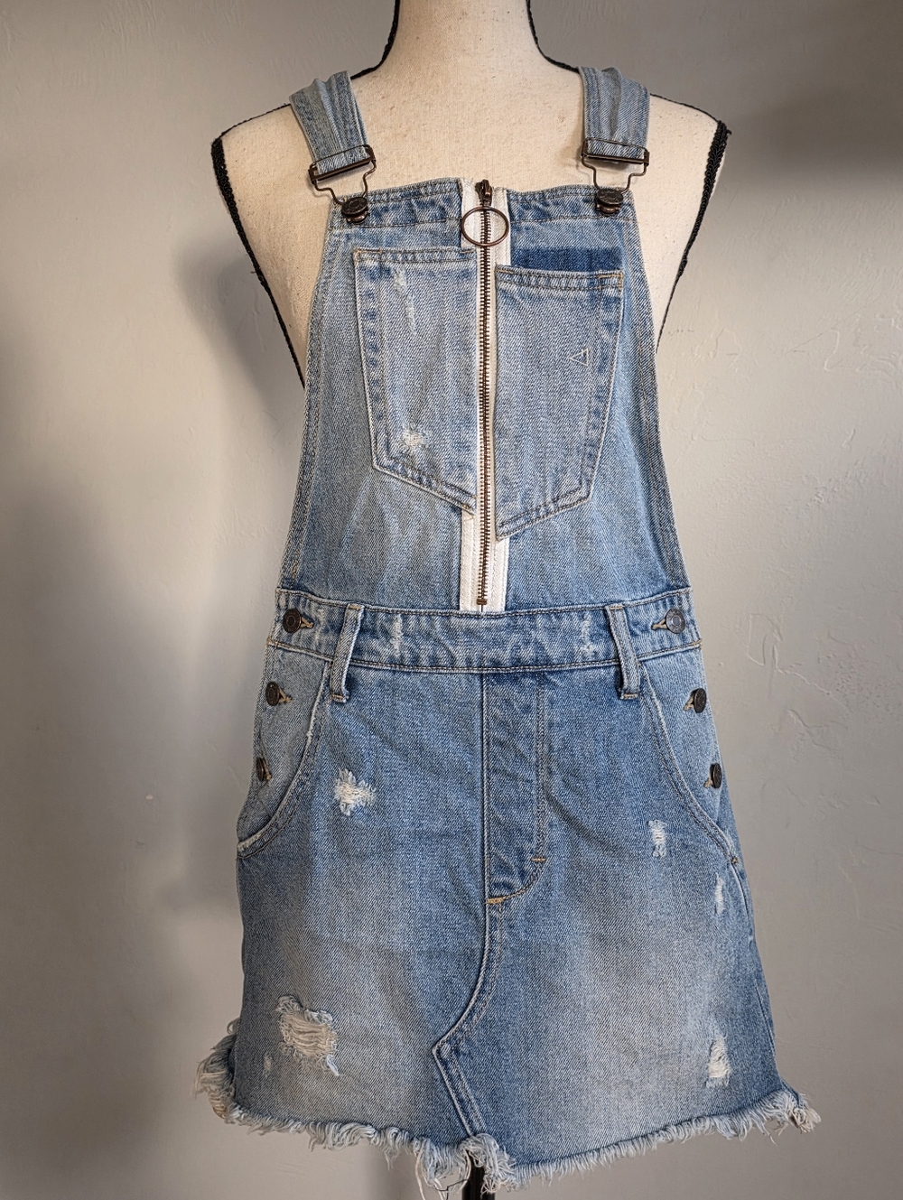 Hidden Pixie Distressed Denim Overall Skirt Size XS
